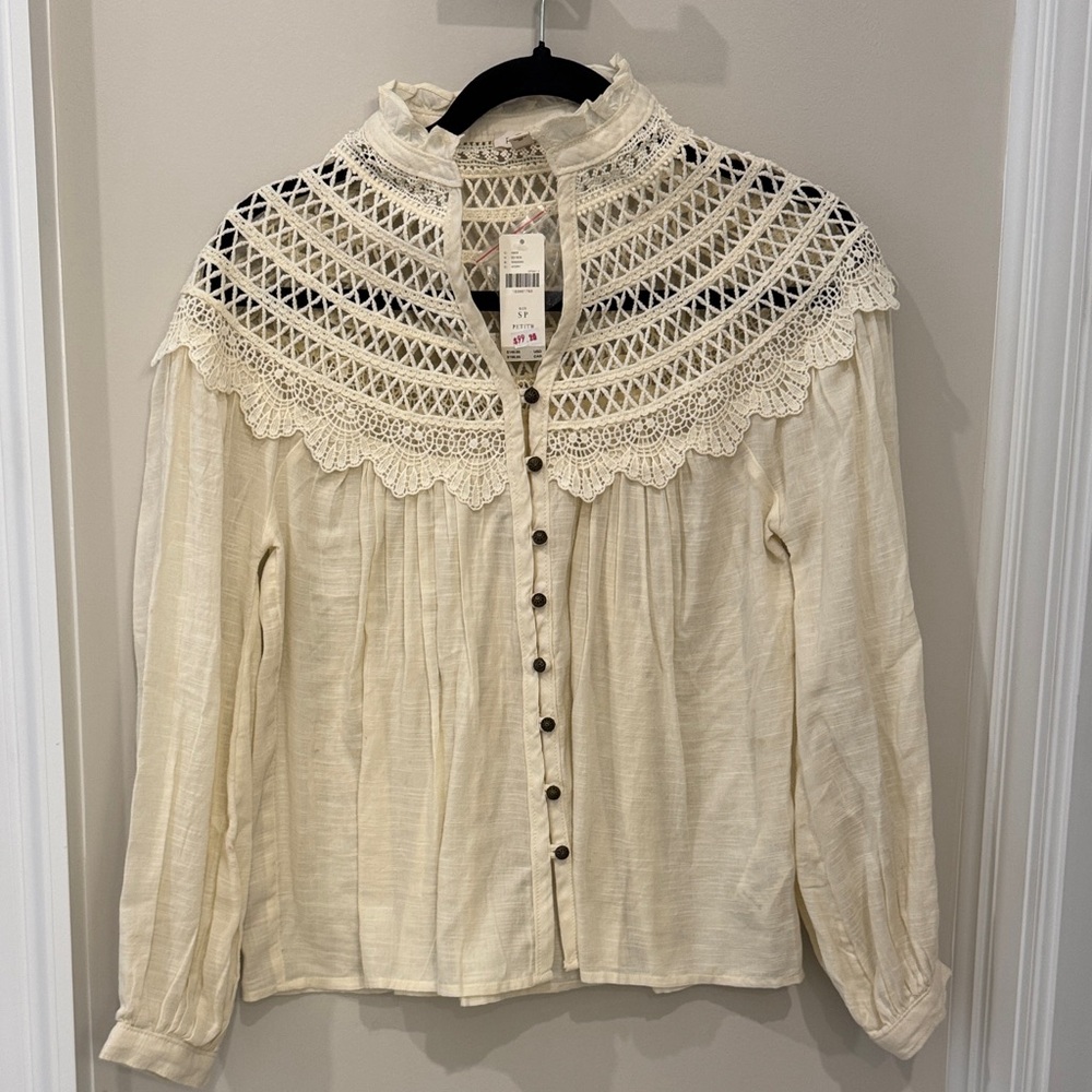 NWT Anthropologie Pilco Lace Yoke Peasant Elegant Cream Lace Blouse - Picture 6 of 11